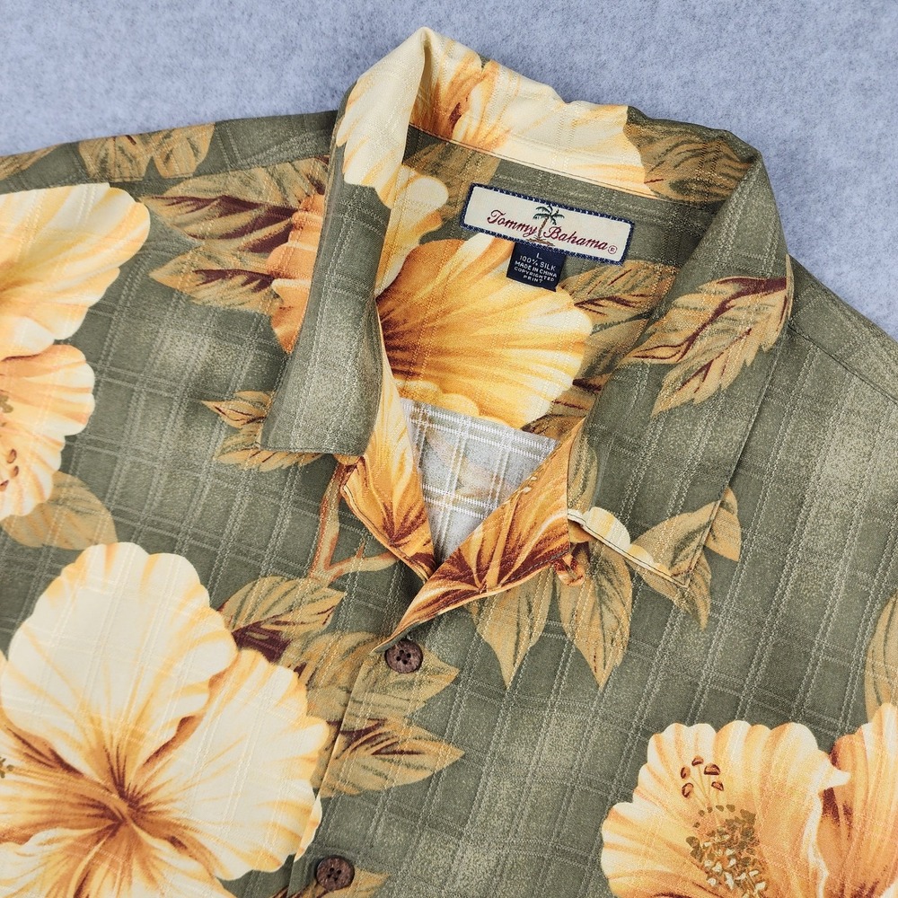Tommy Bahama Mens L Green Yellow Floral Tropical Short Sleeve Button Front Shirt